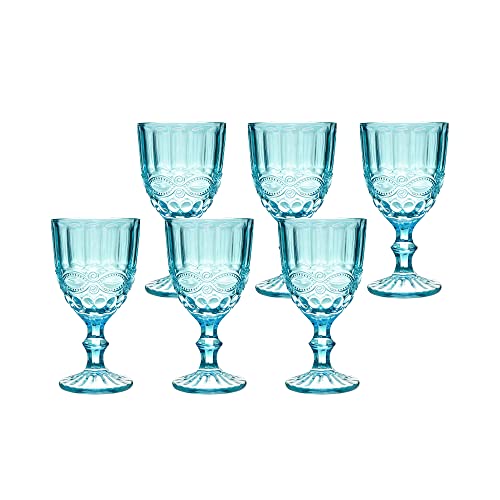 Mimo Style Jogo de 6 Taças de Vidro Azul Tiffany com Capacidade de 320ml com Alto Relevo em Laço Ver