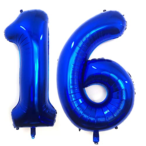 Image of 40 Inch Navy Blue 16 Number Balloons Giant Jumbo Huge 16 or 61 Foil Mylar Helium Number Digital Balloons Dark Blue Birthday Mylar Digital Balloons 16th Birthday Anniversary Events Party Decorations