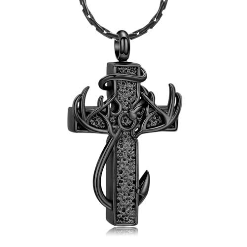 constantlife Cross Urn Necklace for Ashes for Women Men Fish Hook Memorial Pendant Deer Antler Cremation Jewelry Human Pet Ashes Holder Keepsake