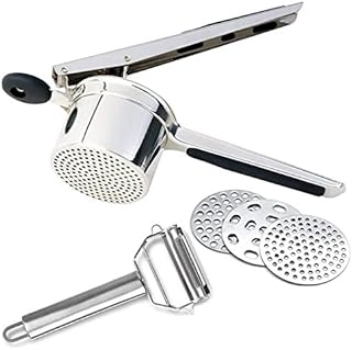 Stainless Steel Potato Ricer - Potato Masher Ricer with 3 Interchangeable Discs - Potato Ricer with Peeler - Stronger Ricer for Mashed Potatoes, Fruits, Vegetables, Baby Food, Spaghetti, etc.