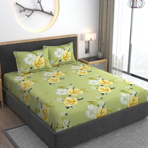Image of Vaini Premium Heavy Cotton Elastic Fitted Bedsheets with 2 King Size Pillow Covers || Double Bed with All Around Elastic 350 (Light Green Flower, 72x72 Inch King Fitted)