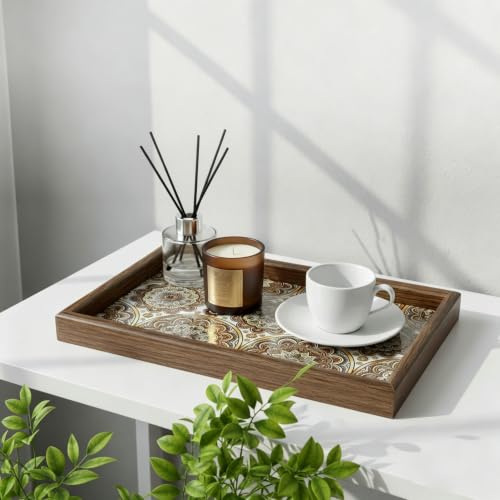 Image of HASTHIP 1-Pack Entry Wooden Organizer Tray Jewelry Storage Tray Retro Mandala PU Leather Liner Wooden Shallow Storage Tray for Keys Coins Jewelry and Daily Essentials, 30x20x2.5cm