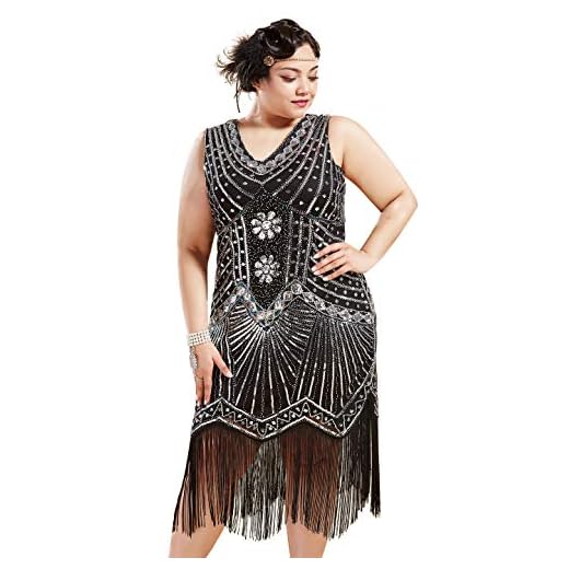 Yummy Bee - Schwarze Netzstrumpfhose mit Rückennähten - Knöchelschleifen Satin - Burleske Damen 2 BABEYOND Damen Retro 1920er Stil Flapper Kleider mit Zwei Schichten Troddel V Ausschnitt Great Gatsby Motto Party Kostüm Kleider- Gr. XL (Fits 86-96 cm Waist & 104-114 cm Hips), Schwarz