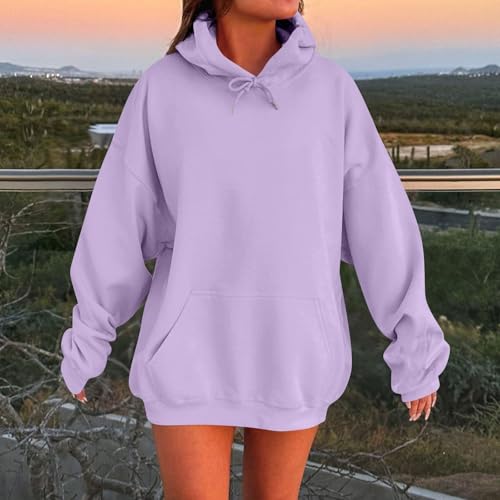 HUIFUAO Damestrui met capuchon, oversized sweatshirt voor dames, grote maten, zwarte tops met lange mouwen en zak, Paars, S - Afbeelding 3