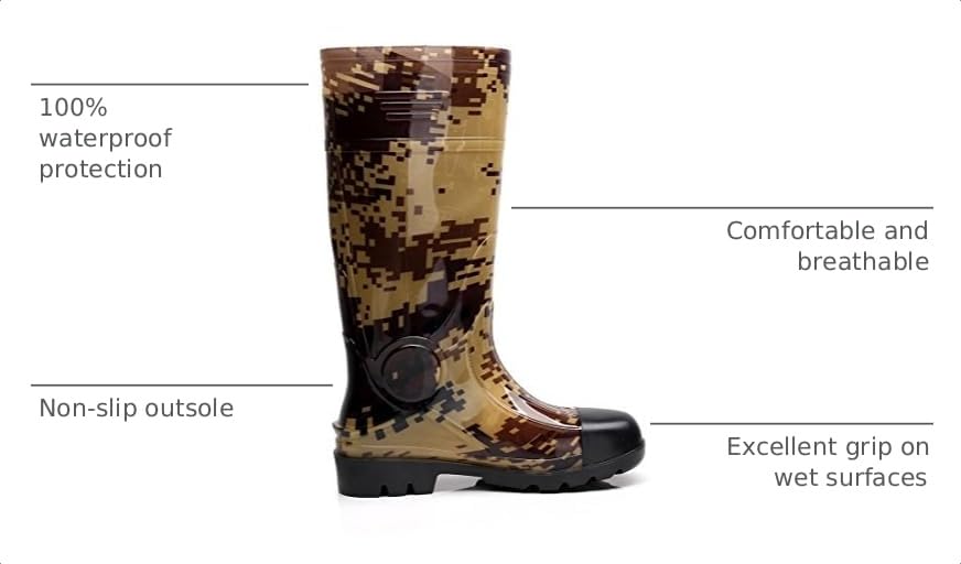 Image of Man Knee High Rubber Rainboots Camo Waterproof Rubber Boots for Garden Man Rain Footwear Size