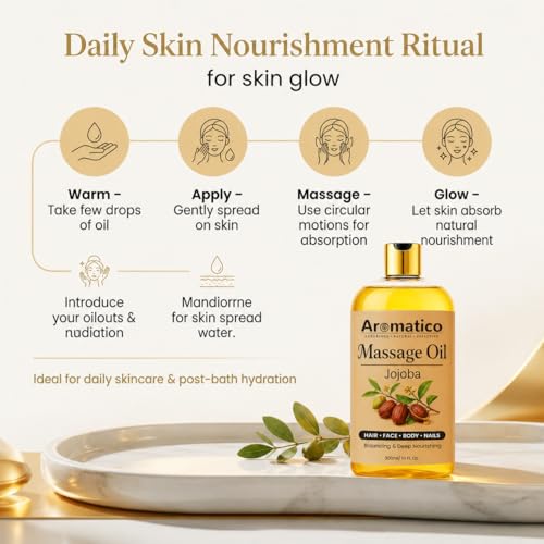 Image of AROMATICO Jojoba Massage Oil - Carrier Oil for Massage with Almond & Sesame for Full Body Hydration, Cold Pressed Skin Nourishment | 300ml