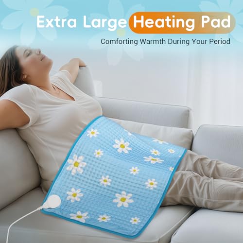 Image of Comfytemp Extra Large Heating Pad for Back & Period, 33''x 17'' King Size Heat Pad Soft and Stylish, FSA Eligible, HSA Approve Electric XL Shoulder /Neck /Knee Heated Pad, Washable (Blue & Daisy Print)