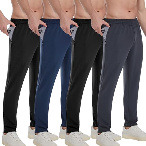 OYGSieg 4 Pack Mens Athletic Sweatpants with Zipper Pockets,Quick Dry Joggers for Men,Workout Casual Hiking Jogging Pants Men