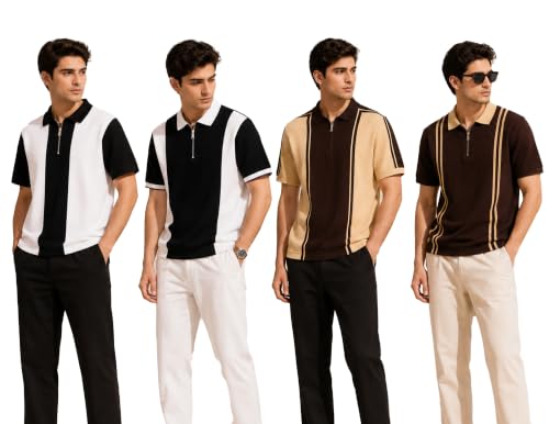 Image of AUSK Men's Textured Vertical Striped Knit Polo T-Shirt | Half Sleeve Zipper Neck Self-Design Casual Tee | Mens Tshirts