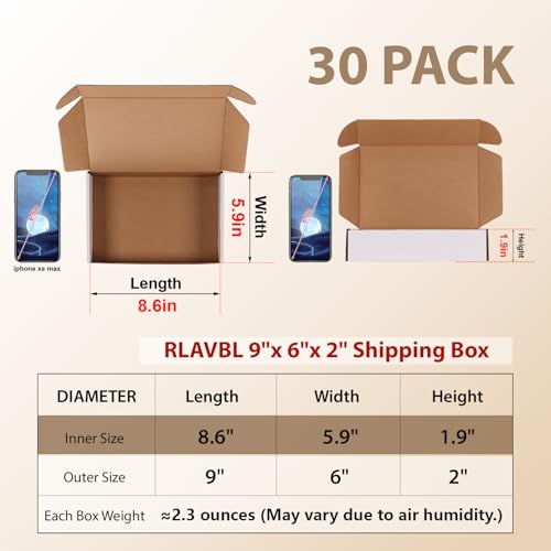 Image of RLAVBL 30 Pack 9x6x2 Shipping Boxes, White Corrugated Cardboard Mailer Box for Packing Mailing Small Business