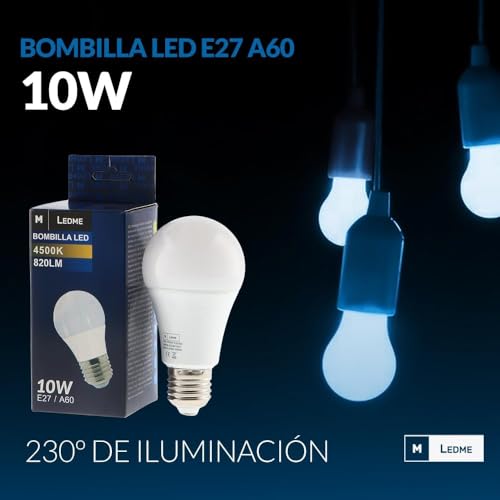 M Ledme - Pack 6, Bombilla Led E27 A60 10W, Luz fría (6000k), casquillo E27, 820 Lumen, IP20, Apertura del Haz de Luz 200°, Eficiencia energética y Bajo Consumo. LM7610 - Imagen 5