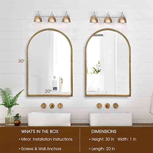 Fobule Arched Wall Mirror For Bathroom, 20"X30" Metal Beaded Frame Decorative Accent Mirror, Large Modern Distressed Hanging Wall Decor For Washroom, Bedroom, Living Room, Entryway, Antique Gold #TOP4