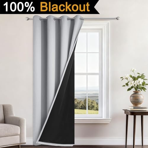 Image of Yakamok Light Grey 100% Blackout Curtains 96 Inches Long 52 inch Wide 1 Panel | Blackout Curtain Panels for Bedroom, 2 Thick Layers Grommet Top Thermal Insulated Drapes with Black Liner for Living Room