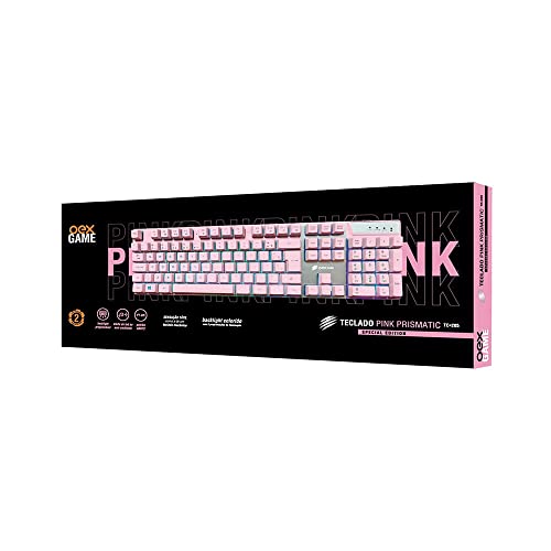 OEX GAME Teclado Gamer Prismatic TC205 - ABNT2 - Sensação mecanica - Led Rainbow - Rosa, 48.7357