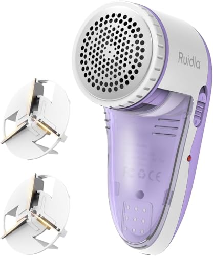 Ruidla Fabric Shaver Defuzzer, Electric Lint Remover, Rechargeable Sweater Shaver with Replaceable Stainless Steel 3-Leaf Blades, Dual Protection, Removable Bin, Easy Remove Fuzz, Lint, Pills, Bobbles