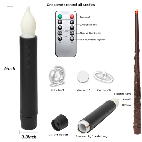 Image of Lezonic 12Pcs Floating Candles with Wand and Remote, Magic Black Flameless Candles Battery Operated, Flikering Hanging LED Taper Candlesticks Halloween Decorations, 0.8 inch x 6 inch