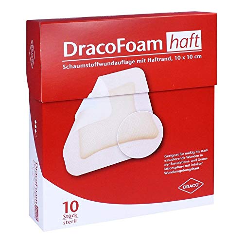 Produktfoto der DRACOFOAM Haft Schaumstoff-Wundauflage 10x10 cm – 10 Stück Verpackung von Dr. Ausbüttel & Co. GmbH
