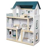 Lil' Jumbl Kids Wooden Dollhouse, 17-Piece Accessories & Furniture are Included, with Balcony & Stairs, 3 Story Easy to Assemble Doll House Toy - Green