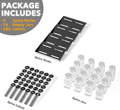 SpaceAid Spice Drawer Organizer with 16 Spice Jars, 386 Spice Labels, 4 Tier Seasoning Rack Tray Insert for Kitchen Drawers, 7.5" Wide x 17.5" Deep