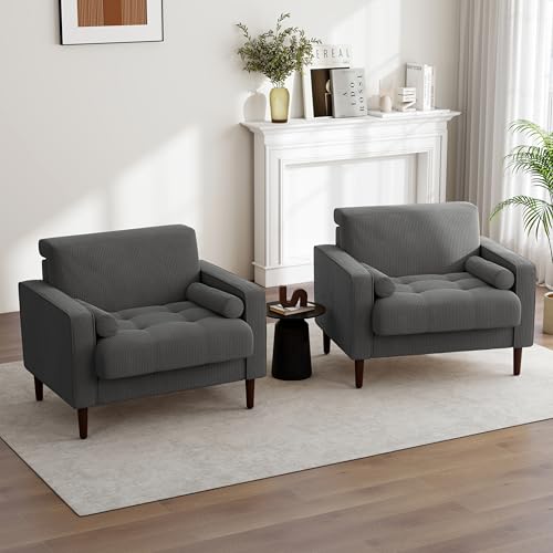 Image of Accent Chairs Set of 2, Corduroy Fabric Upholstered Armchair for Living Room, Comfy Arm Chair Single Sofa Bedroom Reading Seat with Solid Wood Legs - Grey