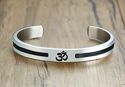 Hisatan Pj Stainless Steel Buddha Namaste Ohm Om Aum Sanskrit Symbol Cuff Bracelet For Men,Hindu Yoga Jewelry,7.4" #TOP3