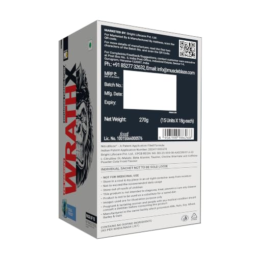 Image of MuscleBlaze Pre Workout WrathX Powder, Cola Frost, 270g, 15 Servings | Fully Loaded, Crash Free with Caffeine, Citrulline and Beta Alanine | Trustified Certified | Built for Athletes - Dope Free