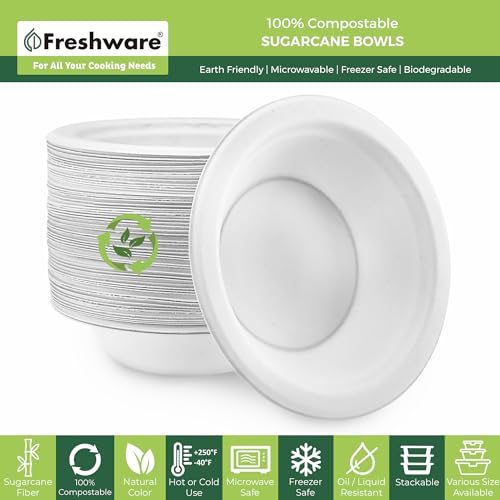 Image of Freshware Paper Bowls - Disposable 16 oz. Soup Bowl, 125-Pack Biodegradable Sugarcane Fiber Serving Bowls - Heavy Duty Bagasse for Hot Food Plates - Microwave & Freezer Safe, Stackable Dinnerware