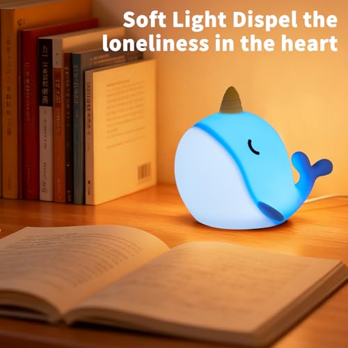 Image of Narwhal Night Light, USB-C Rechargeable Silicone Lamp with Tap Control, 3-Level Dimming & 30-Min Auto Timer, 7-Color Changing Squishy Nursery Light, Birthday Gift for Kids
