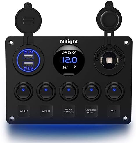 Nilight 90101E 5Gang Multi-Function 5 Gang Rocker Dual USB Charger + Digital Volmeter +12V Outlet Pre-Wired Switch Panel with Circuit Breakers for RV Car Boat Truck Trailer,2 Years Warranty