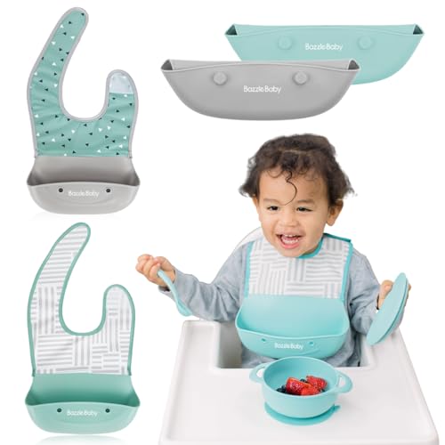 Image of Bazzle Baby Silicone Bibs with Food Catcher - Rolls Up and Button closed for easy travel and storage Waterproof 2-Pk