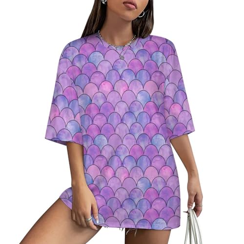 Mermaid Fish Scales Pattern Women's Half Sleeve T Shirts Crew Neck Tees Summer Casual Tops
