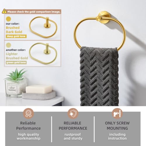 Image of Angle Simple Brushed Dark Gold Towel Ring, SUS 304 Stainless Steel Swivel Deep Gold Tone Hand Towel Holder for Bathroom Wall Mount