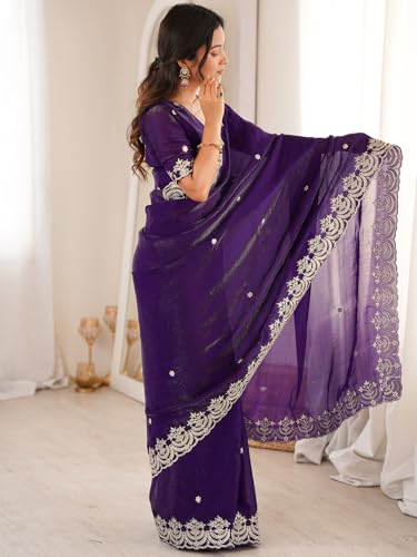 Image of SIRIL Women's Tissue Silk Sequence Embroidery Saree With Unstitched Blouse Piece