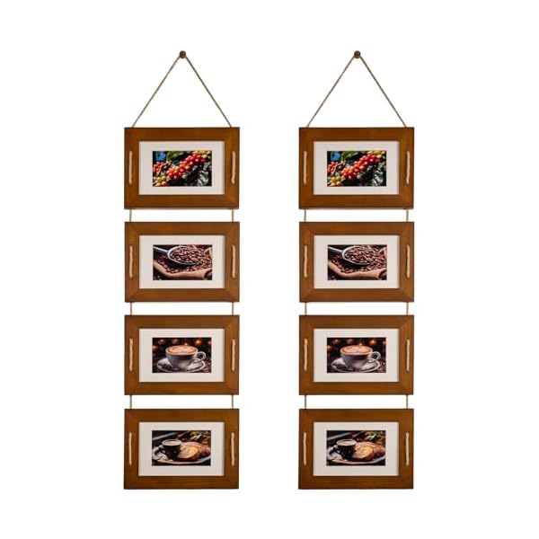 Dlquarts 5×7 hanging collage picture frames wall decor 4 opening 5×7 matted to 35×5 photo rustic wood frame with hemp rope 2 pack dark walnut  urban country home decor