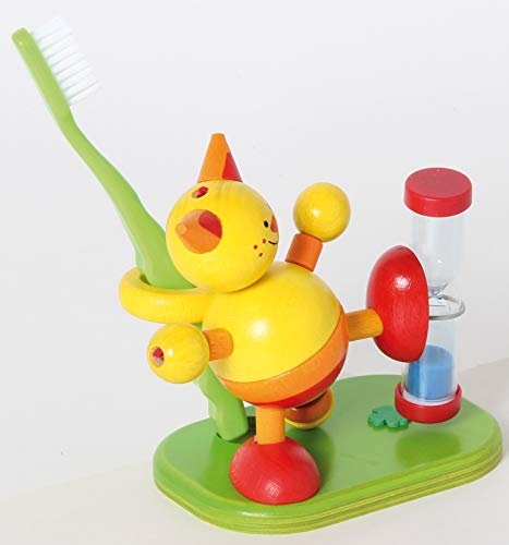 Hess Holzspielzeug 14521 - Zahnputzuhr aus Holz für Kinder, Serie Katze, inkl. Zahnbürstenhalter und drehbarer Sanduhr, handgefertigt, zur täglichen Nutzung beim Zähneputzen