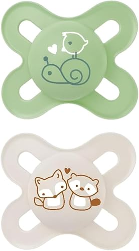 MAM Original Start Succhietto 0-2 Mesi (Set da 2), Ciuccio MAM 0-2 mesi con tettarella ortodontica in silicone, Kit da 2 accessori neonato con porta ciuccio sterilizzatore, Verde/Neutro