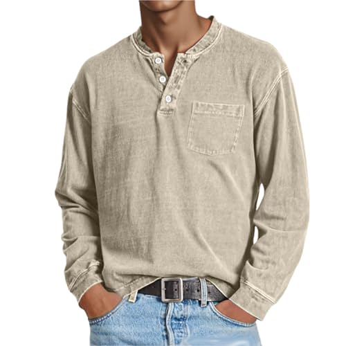 Mokaloha Mens Shirts, Mokaloha Mens Shirts Long Sleeve, Men's Retro Casual Solid Color Long Sleeve Henley with Pockets