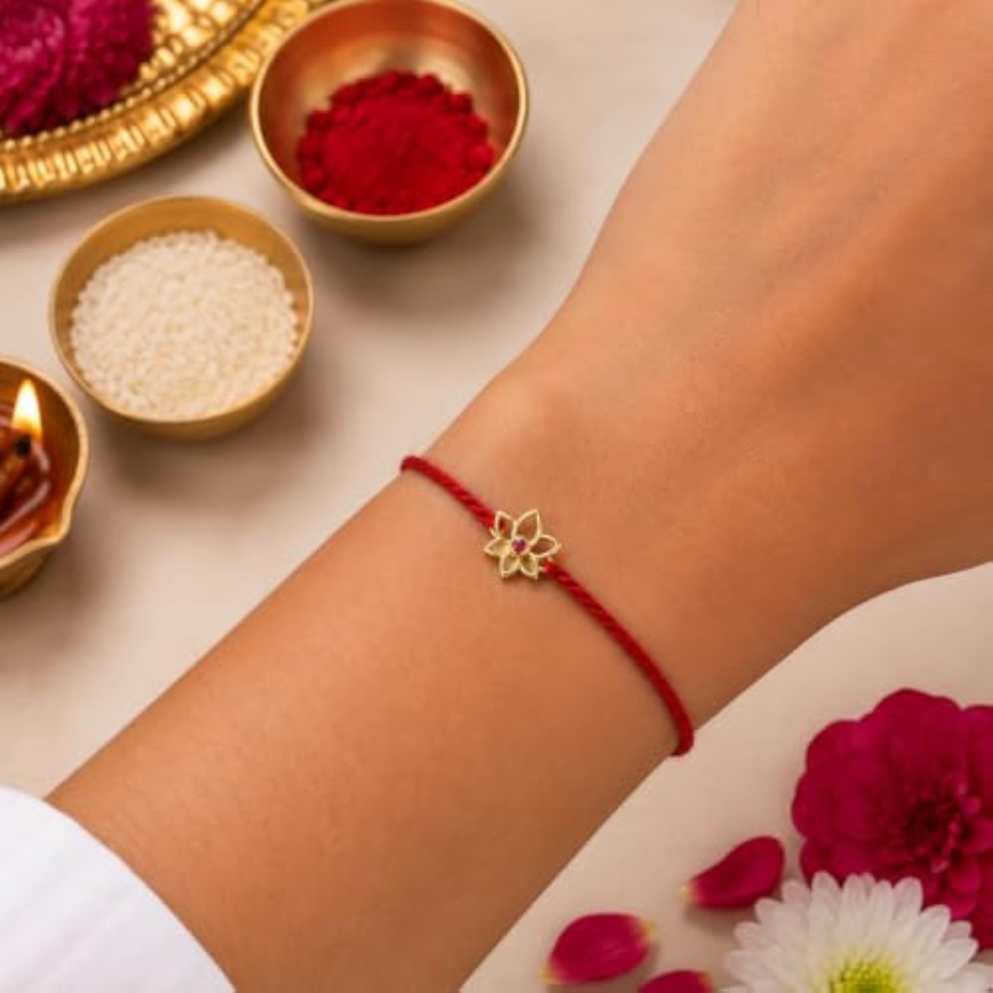 925 Sterling Silver Flower Rakhi with Pink Gemstone, Elegant Gift