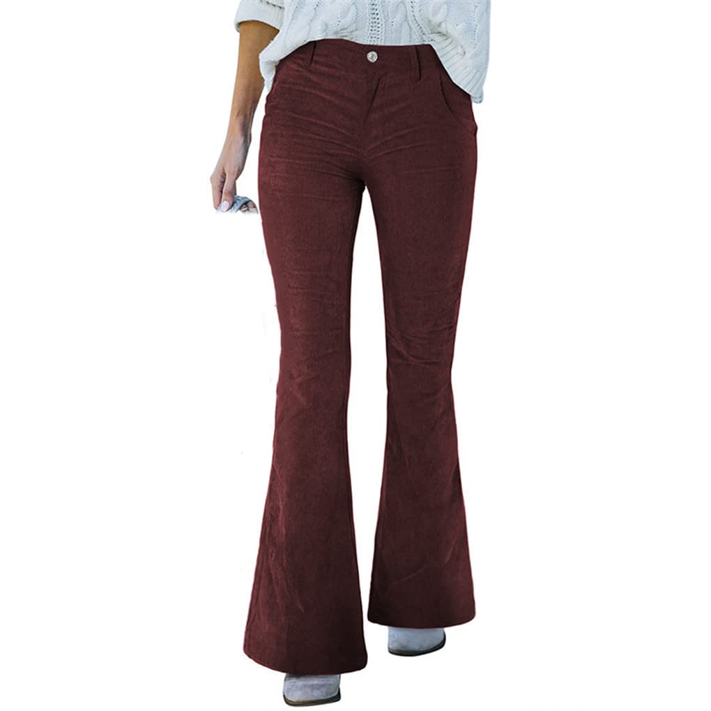 Pantaloni a gamba larga slim in velluto a coste stile ragazza pantaloni svasati casual primavera e autunno, Borgogna, M