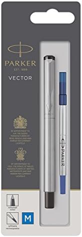 Parker Medium Point Vector Rollerball Pen, Blue with Chrome Trim, Blue Ink, Blister Pack
