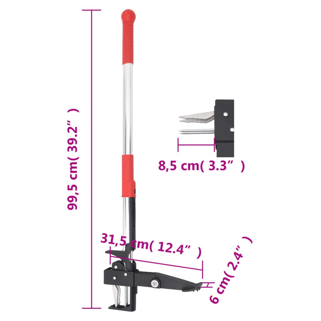 Unkrautstecher aus eloxiertem Aluminium 99,5 cm rot silbern für Beet und Gehweg, Fußpedal Unkrautentferner mit 4 Stahlkrallen, Gartenpflege