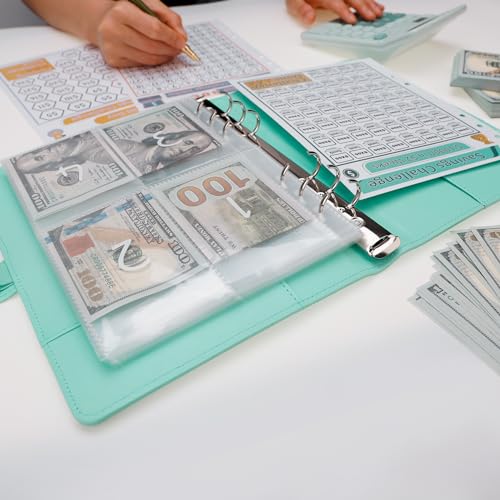 Image of 100 Envelopes Money Saving Challenge Binder, Savings Challenges Book with Envelopes & Challenge Trackers to Save $5,050 and $500 and $10,000, A5 Budget Binder Money Saving Book, Light Green