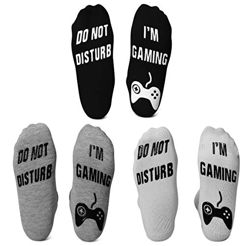 Leotruny 3 Pairs Do Not Disturb I'm Gaming Socks Novelty Cotton Funny Socks Gifts For Men Women Gamers (C01-Black/White/Grey, Long)