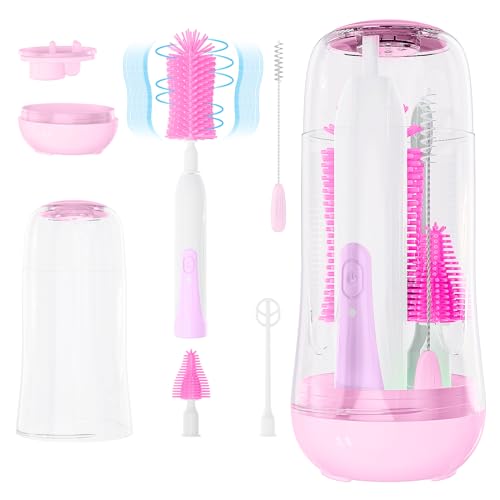 Image of VSTM Electric Travel Baby Bottle Brush Set, Electric Bottle Cleaner, Silicone Bottle Brush, Nipple and Straw Brush, Milk Frother and Dry Drain Rack (Purple)