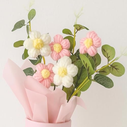 Image of Artificial Crochet Flowers Bouquet - Handmade Knitted Floral Arrangement with Decorative Leaves | Tabletop Home Decor, Desk, Valentine Day Gift for Girlfriend