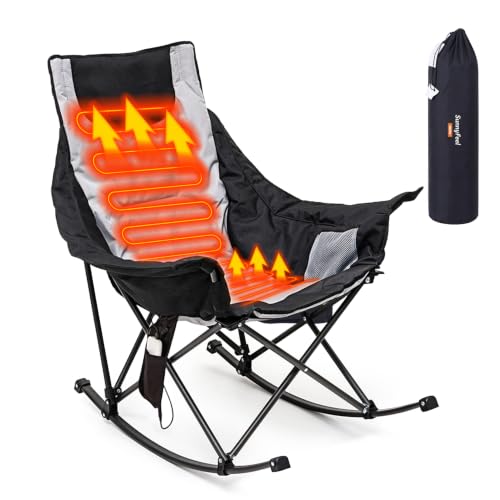 SUNNYFEEL Oversized Heated Rocking Camping Chair Fully Padded Patio Chair with Side Pocket High Back Portable Lawn Recliner with Carry Bag Outdoor Rocker Camp Chair for Adults Heavy Duty 500 LBS
