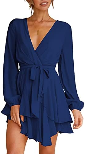 Cosonsen Womens Party Dress Deep V-Neck Long Sleeve Tie Waist Mini Dresses Navy Blue L