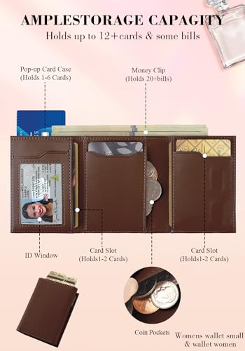 Minimalist Wallet for Women-Pop Up Business Card Case,Money Clip RFID Blocking Leather Slots Credit Card Holder Trifold Slim Wallet with ID Window and Coin Purse(Brown Wallet Women Gift)2