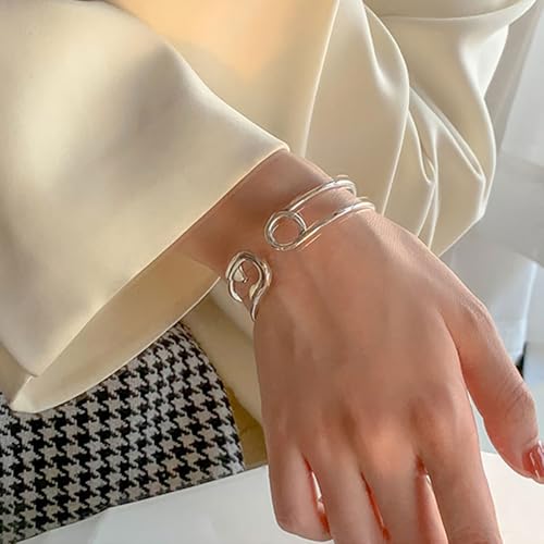 Safety Pin Cuff Bracelet for Women Sterling Silver Plated Paperclip Double Layered Open Bangle Bracelets Adjustable Vintage Jewelry Gifts Birthday2