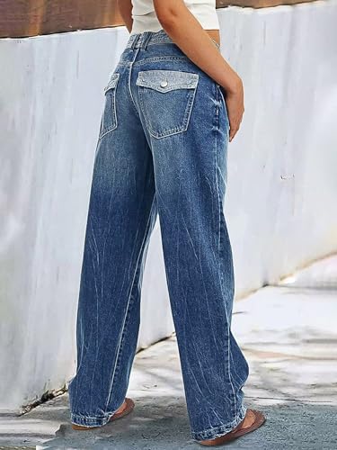 Flamingals Low Waist Straight Leg Jeans for Women Vintage Wash Stretch Denim Pants3